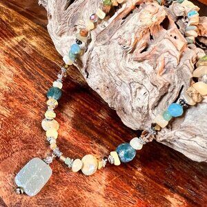 Beaded Stone & Glass Necklace With Square Pendant